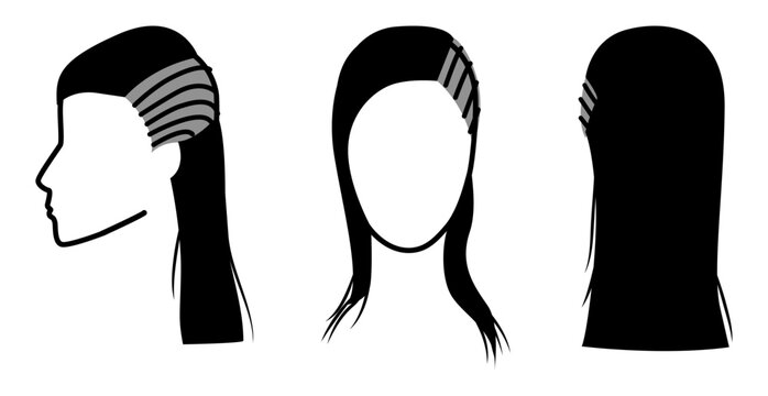 Cornrows hairstyle silhouette front profile back view, braided hair shape tight rows structure simple outline for icon, avatar, logo, minimal beauty, fashion graphic