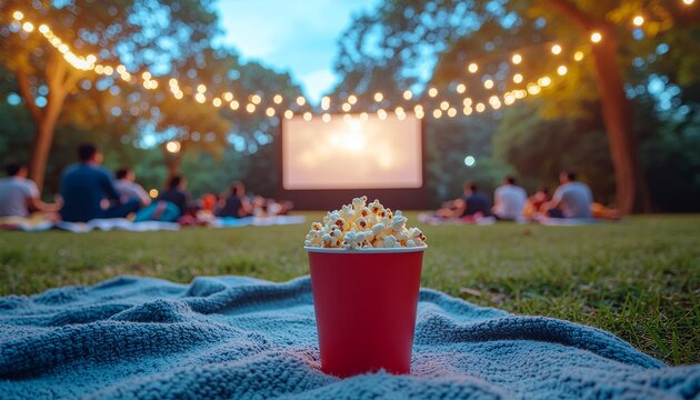 Outdoor movie night with popcorn and string lights.