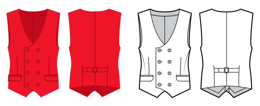 Sleeveless tailored vest with double breasted button closure fitted waist silhouette shaping seams structured proportions. Technical fashion illustration in black white color, front back views. Vector