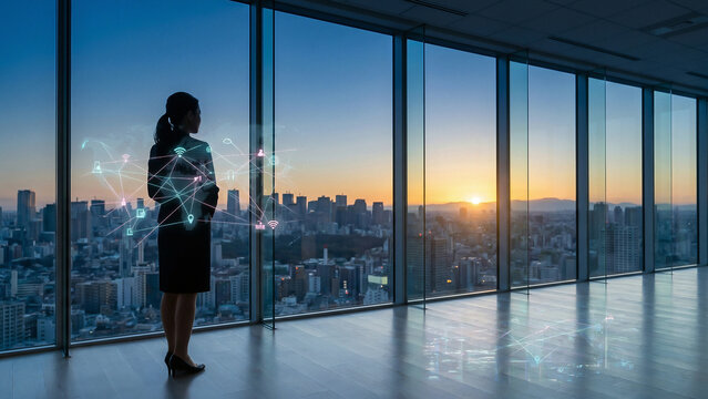 Businesswoman Silhouette at Golden Sunrise City with Digital IoT Network Glowing Overlay Radiating Vision and Innovation Perfect for Corporate Presentation Recruitment Advertising Brochure