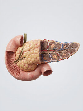 Detailed anatomical study of the human pancreas and duodenum, showcasing a cross-section of internal structures crucial for understanding the digestive and endocrine systems