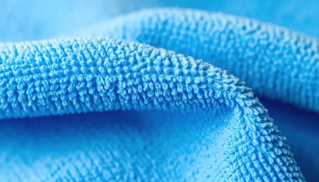 Macro closeup of blue microfiber cloth texture, soft folded fabric pattern, cleaning supply detail, absorbent material, textile surface background