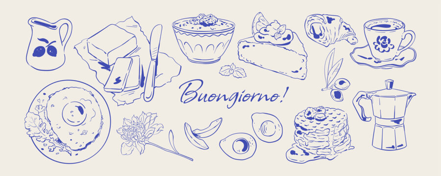 Cute blue breakfast scene in hand drawn style. Whimsical italian brunch set with coffee and pancakes. Egg plate, avocado and cake dessert appear as cozy food menu art, ideal for cafe invitation or