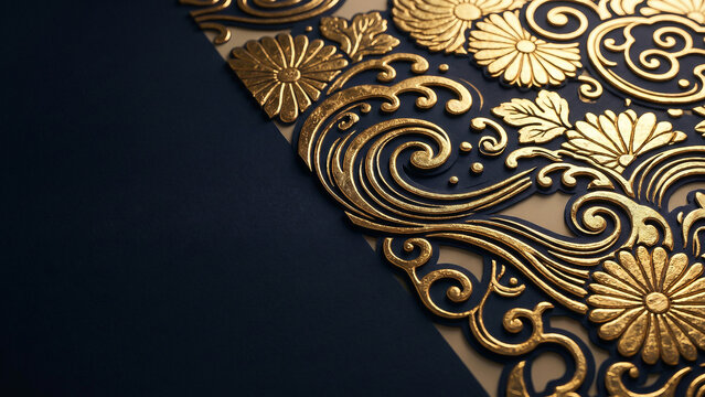 Golden Japanese Ornamental Pattern Shimmering Chrysanthemum and Wave Design Radiating Luxury Toward Prosperity Perfect for Premium Branding and Event Decoration
