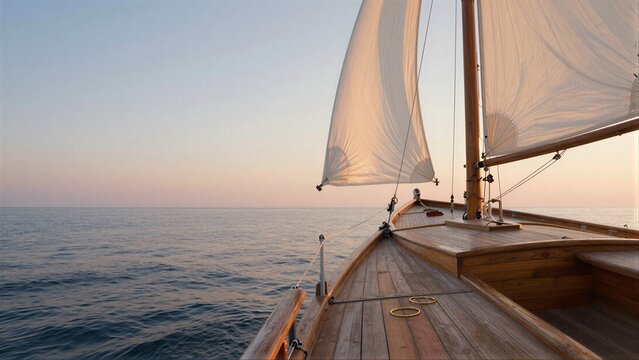 Sailboat glides calm seas at dawn sails billow softly against serene
