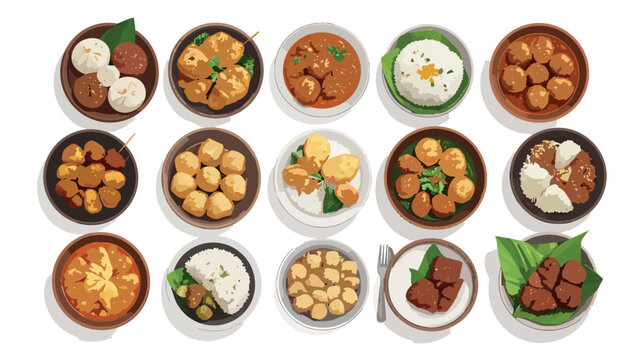 A collection of fifteen traditional Indonesian food bowls viewed from above, featuring various dishes including curries, rice, meatballs, and traditional snacks, perfect for Indonesian cuisine and cul