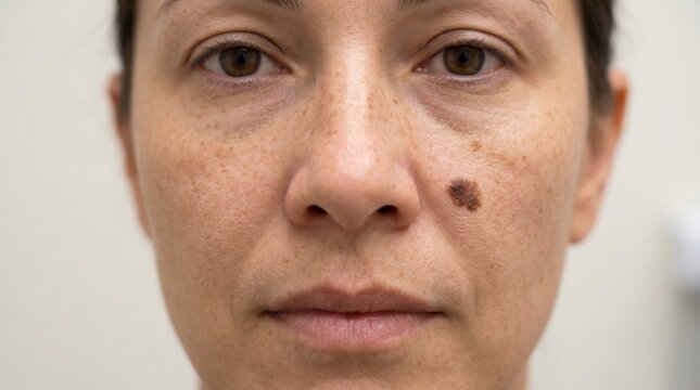 Woman showing nevus mole and freckles on face for dermatology exam