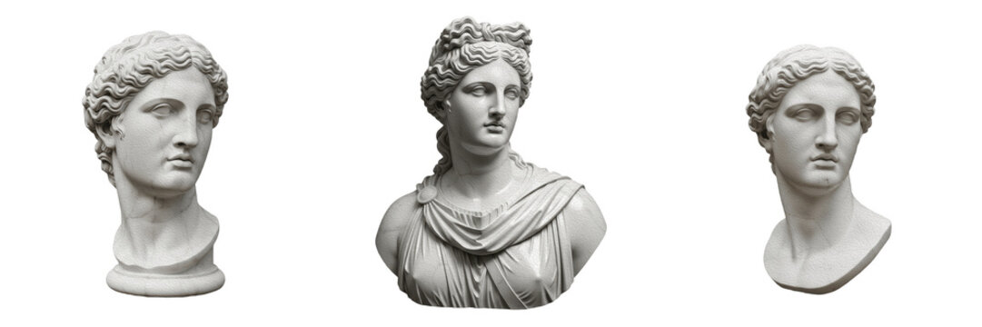 Classical Greek Sculpture Collection, Three Ancient Marble Roman Goddess Busts and Heads, Artistic Statue D&eacute;cor Elements, Isolated on transparent PNG background