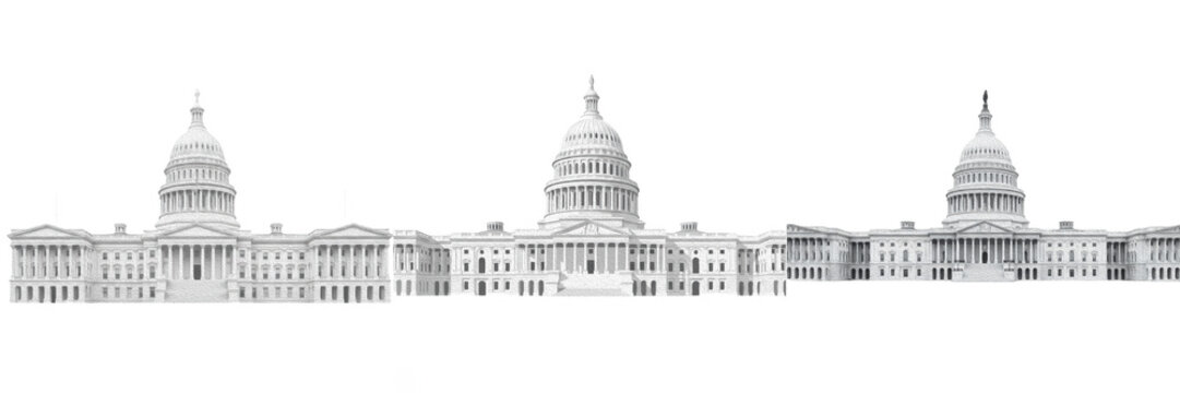 Set of United States Capitol Building Illustrations Isolated on White Background. Iconic Landmark Symbols of American Government, Democracy, and Washington DC Architecture for Historical, Political, a