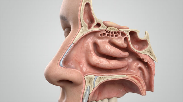 Detailed 3D cross-section illustrating human nasal cavity and paranasal sinuses, showcasing the intricate internal respiratory anatomy for educational and medical purposes