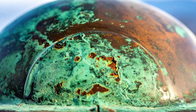 Macro closeup of oxidized copper surface with verdigris patina, weathered metal texture, weathered brown and green metallic corrosion, industrial decay