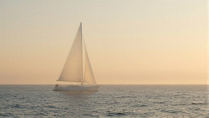 Fototapeta premium Sailboat glides calmly on serene ocean at golden sunset peaceful and