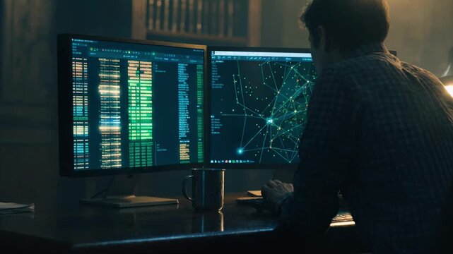 Moody dim light setting for a digital title search workstation dual screens showing layered records and maps desk edges and other items softly blurred to emphasize main monitors.