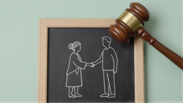 Handshake on chalkboard beside judge's gavel symbolizing legal