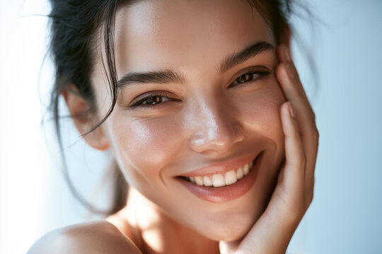 A close-up photo of a beautiful Brazilian model smiling and applying beauty cream to her beautiful skin. For advertising of skin care, cosmetics and beauty care