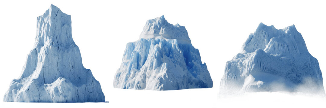 Realistic Iceberg Set PNG | Glacial Ice Mountains and Floating Arctic Ice Blocks Isolated on Transparent Background for Nature, Environment, and Climate Change Concepts