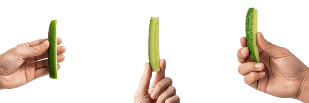 Hands Holding Fresh Cucumber Slices: Healthy Green Vegetable Sticks, Organic Snack Concept, Isolated PNG Collection for Diet, Nutrition, and Culinary Marketing