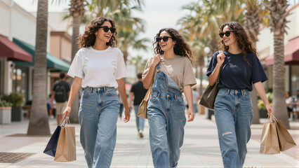 Obraz premium Three friends in Burger King shirts laugh while shopping on a