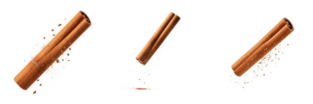 Fresh Cinnamon Sticks Collection with Aromatic Powder Particles, Realistic Culinary Spices, Isolated PNG Elements for Food Photography and Cooking Design Projects