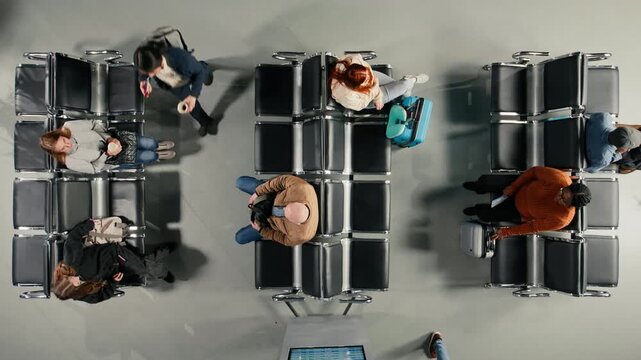 Moving through air transportation hub, busy passenger flow concept and high angle shot of tourists with luggage. Navigating airport, congested terminal hallway and top down view of travelers