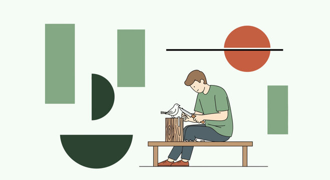 Man Whittling a Wooden Bird Sculpture in Minimalist Vector Style