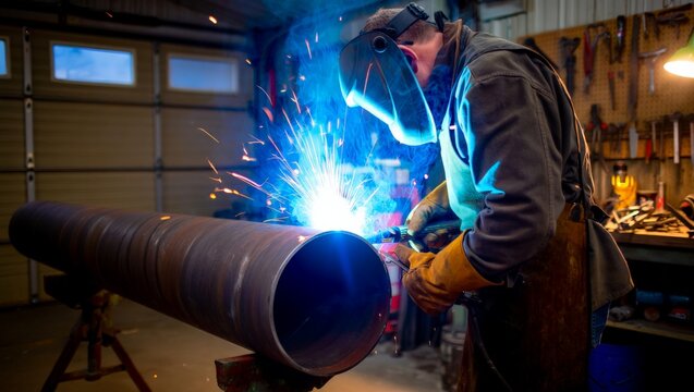 Male welder in yellow leather gloves and welding helmet welds a large steel pipe on a stand in a home garage workshop at evening, vivid blue arc and sparks with tool wall visible in background.