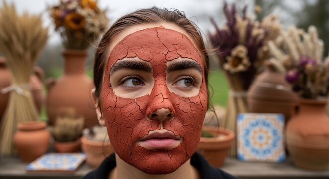 Young Woman Wearing Cracked Red Clay Face Mask in Rustic Outdoor Pottery Setting