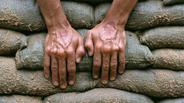 Hands gripping sandbag flood wall, close up, human effort, soil texture, wet skin, daylight, copy space