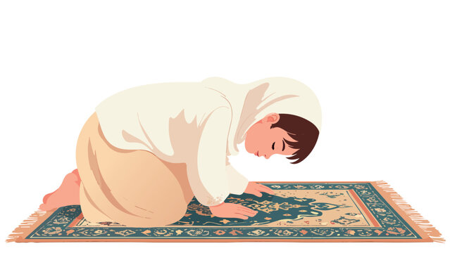 A Muslim man in prostration (sujud) position on a decorated prayer mat, wearing white Islamic clothing in a moment of deep devotion and worship. A clean and elegant flat vector illustration perfect fo