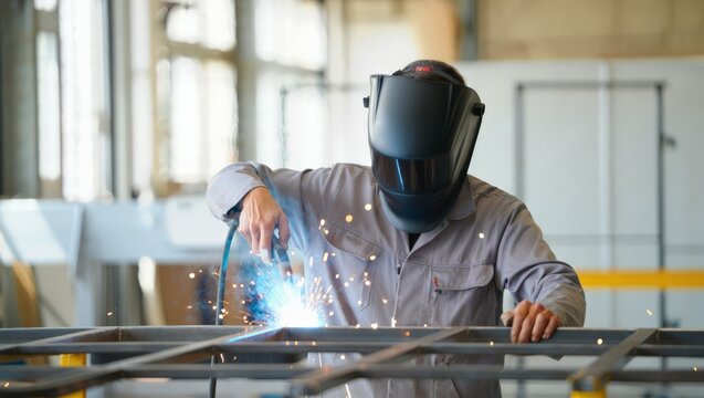 Front-facing studio portrait of a welder in grey coverall and dark helmet MIG welding a steel grid frame with a bright blue arc and sparks in a naturally sunlit industrial workshop environment.