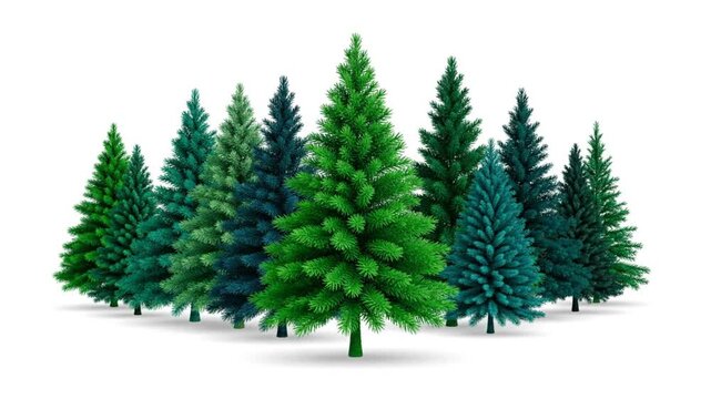 Realistic 3D Animation of Different Evergreens in Varying Shades of Green in Front of a White Background