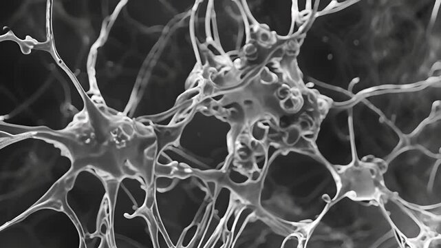 Electron microscope image of the synaptic cleft highlighting the dense concentration of synaptic vesicles containing neurotransmitters.