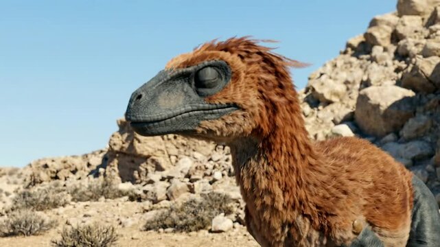 Close-up of a vigilant feathered raptor in an arid rocky landscape. Prehistoric dinosaur with intense yellow eyes looking around