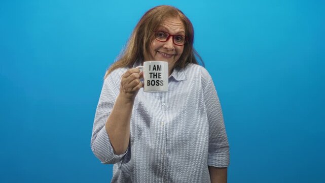 Woman holds 'i am the boss' mug with raised hand, slight smirk and red glasses against blue studio backdrop; playful assertiveness.