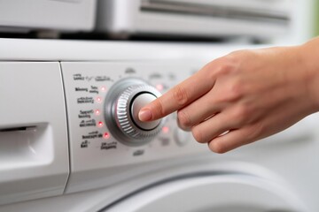 Naklejka premium Hand pressing button on washing machine control panel, close-up shot, selecting cycle