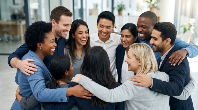 Diverse group embraces warmly in modern office setting. Smiles glow as colleagues share joyful, unified moment. Background shows busy workspace with soft natural light. Ideal for teamwork, diversity