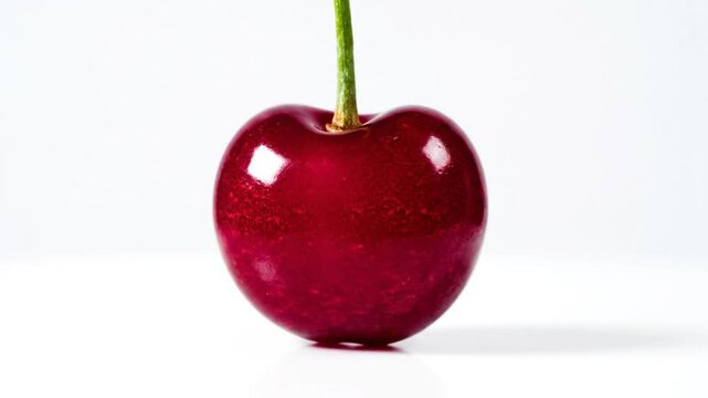 Single glossy red cherry with green stem on a bright white background, close-up shot