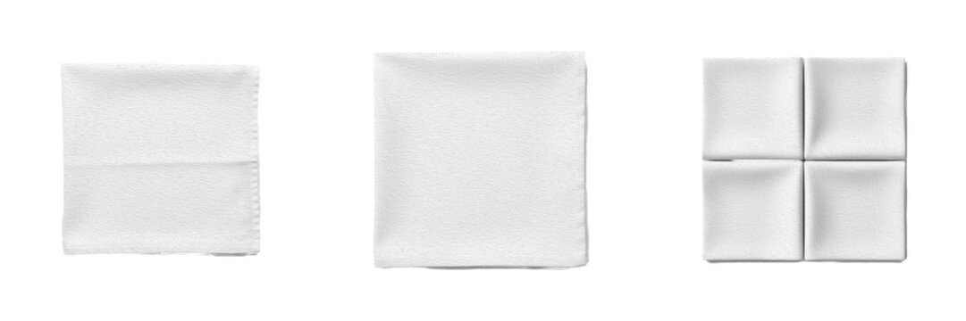 White Folded Fabric Napkin Set Isolated on White Background, Clean Square Cotton Table Linen Collection, Restaurant Service Accessory for Dining Decor, High-Resolution Transparent PNG Asset for Hospit
