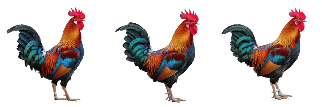 Colorful Rooster Set Isolated on White Background, Vibrant Domestic Fowl Collection for Farm Design, Majestic Male Chicken with Detailed Feathers, High-Resolution Transparent PNG Asset for Agriculture