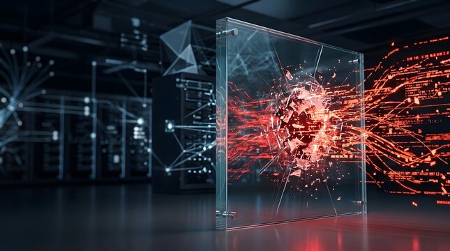A futuristic laboratory scene with a glowing red cube in the center surrounded by holographic projections and wires