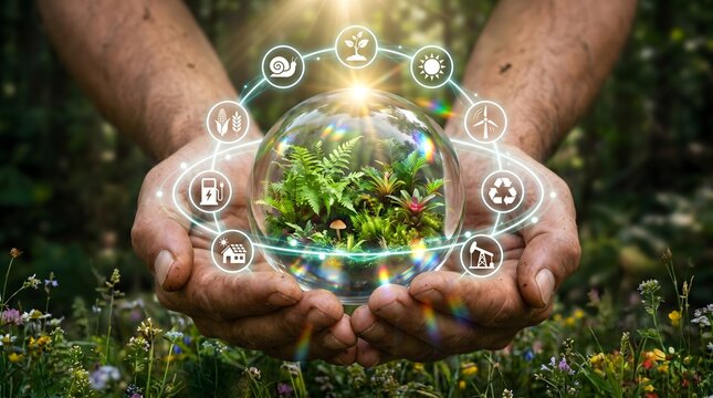 Hands holding glass globe with mini ecosystem and renewable energy icons in nature
