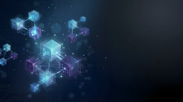 Glowing blue and purple cubes float in a dark space with connections