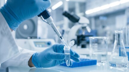 Fototapeta premium Scientist Gloved Hands Pipetting Sample into Tube in Modern Laboratory — Research Science Concept
