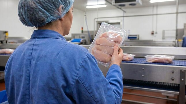 Trabalhadora da ind&uacute;stria aliment&iacute;cia inspecionando peito de frango embalado na linha de produ&ccedil;&atilde;o de um frigor&iacute;fico.