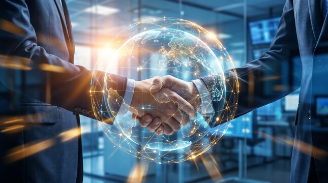 Aperto de m&atilde;o corporativo com globo digital brilhante e rede de conex&otilde;es. Conceito de parceria de neg&oacute;cios globais e mercado internacional.