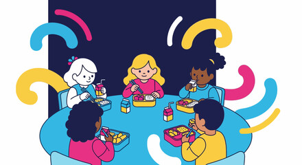 Naklejka premium Diverse children eating healthy school lunch together at round table