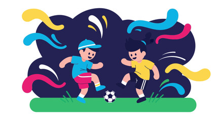 Fototapeta premium Young Children Playing Soccer on a Green Field Vector Illustration