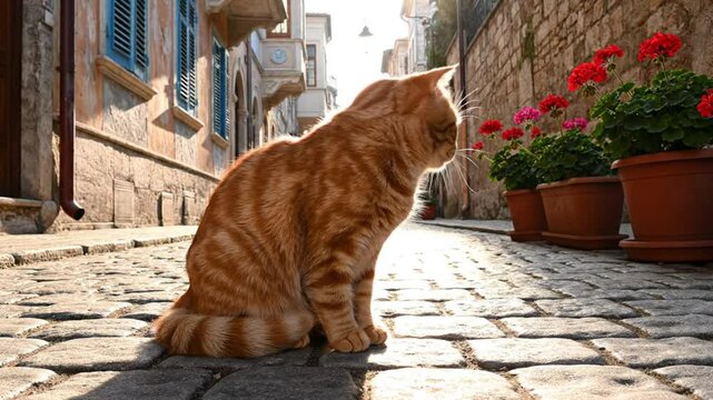 Ginger tabby cat in sunlit cobblestone alley with red geraniums and charming old buildings