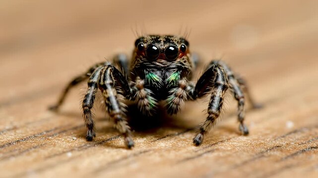 Closeup Macro Shot of a Jumping Spider on a Wooden Surface.