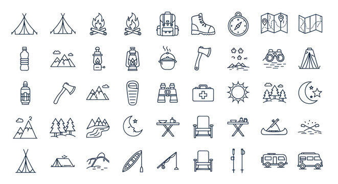 Camping and Hiking Icons Set: Adventure, Outdoors, Travel, Nature, Equipment
